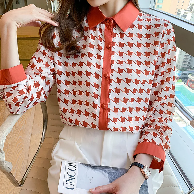 

Chic Houndstooth Fashion Woman Blouses 2021 Turn Down Collar Long Sleeve Shirt Top Female Clothing With Free Shipping