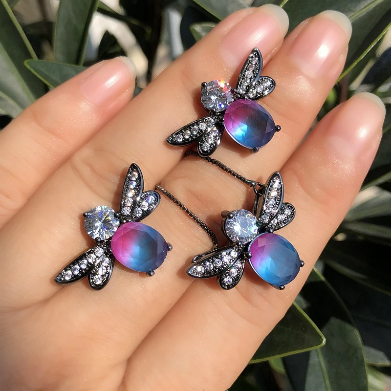 Модное пчелиное животное подвеска ожерелье серьги-гвоздики 3 шт ювелирные наборы