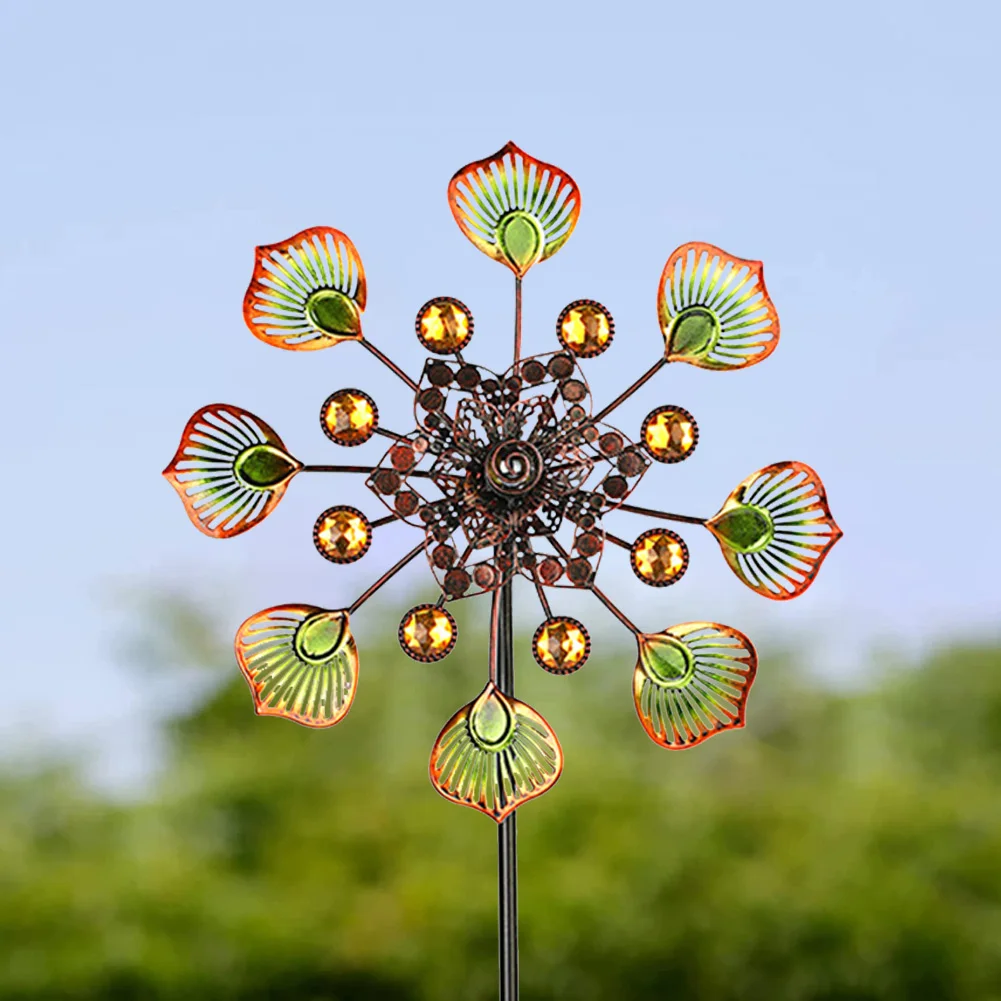 

Creative Metal Colorful Peacock Tail Windmill Hollow Wind Spinner Rotating Lawn Art Stake for Outdoor Garden Backyard Decoration