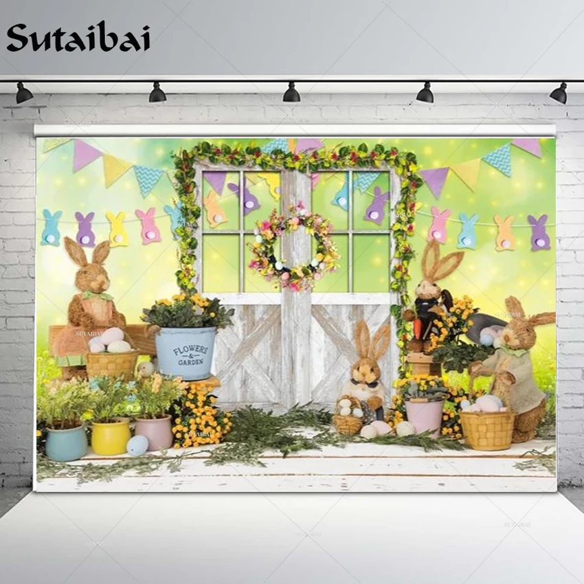 

Фон для фотосъемки с изображением пасхальных яиц в виде кролика, сада, деревянной двери, деревянного пола, украшение для дня рождения