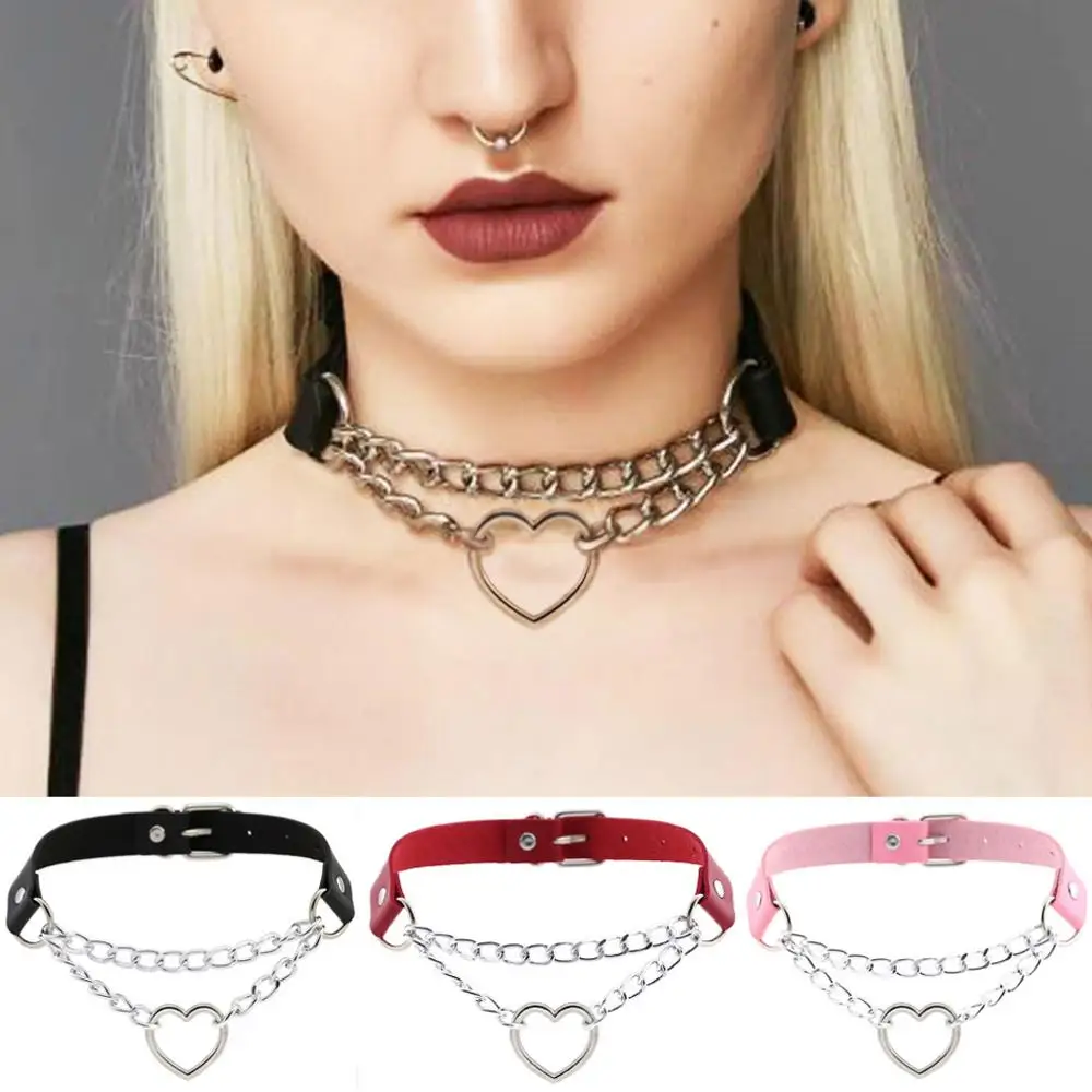 

Harajuku Punk Rock Gothic Sexy PU Leather Heart Round Spike Rivet Collar Choker Necklace Body Jewelry Party Gift 2020