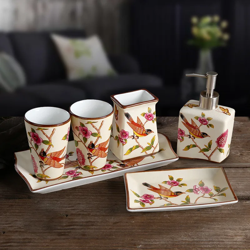

Chinese Flower and Bird Art Ceramics Soap Dispenser Soap Dish Toothbrush Holder Gargle Cup With Tray Bathroom Accessories Set