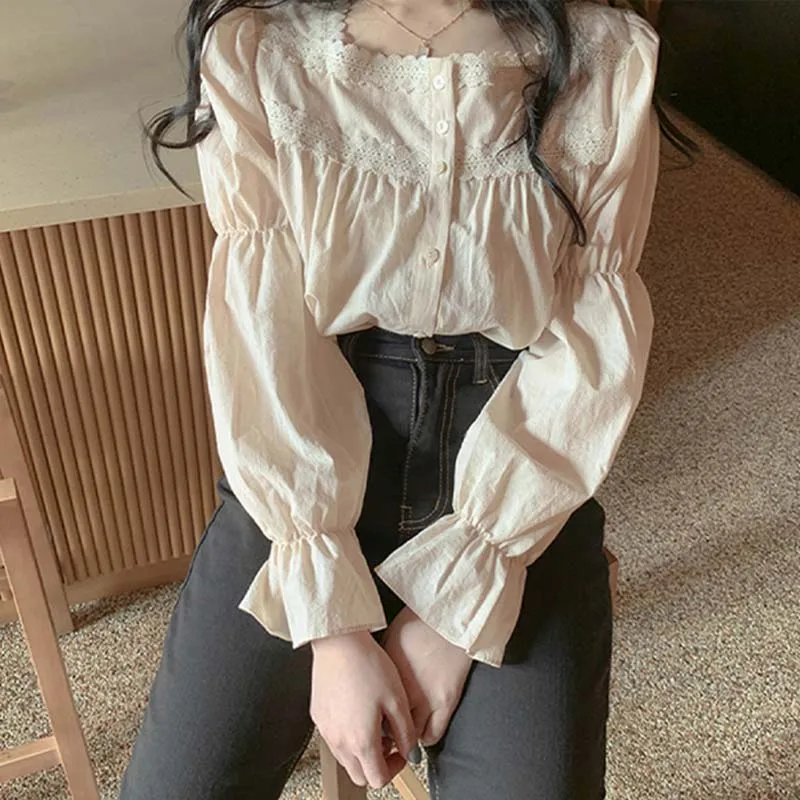 

Spring New Chic Ladies Vintage Puff Sleeve Square Collar Blouse Korean Style Lace Fashion Shirts Solid Single Breasted