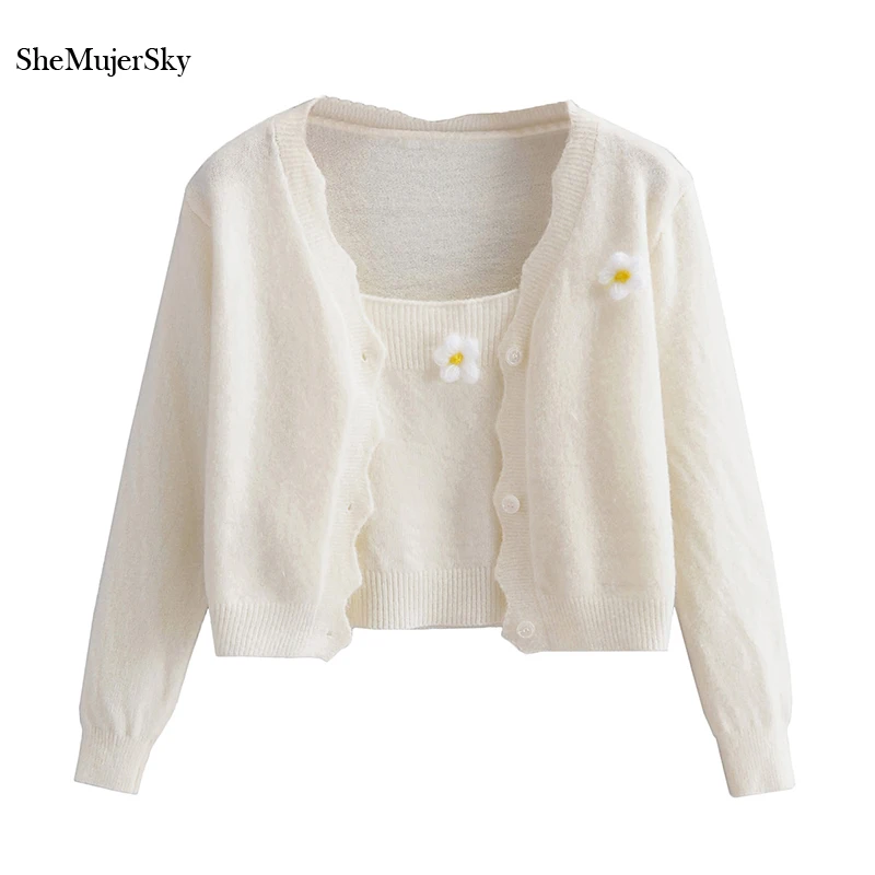 

SheMujerSky Women Beige Knitted Cropped Cardigans And Cami Top Matching Set Floral Decorate Sweaters 2021