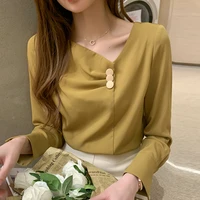 2021 blouses ol autumn women shirt chiffon vintage long sleeve tops women asymmetric button up clothing v neck blouses for women