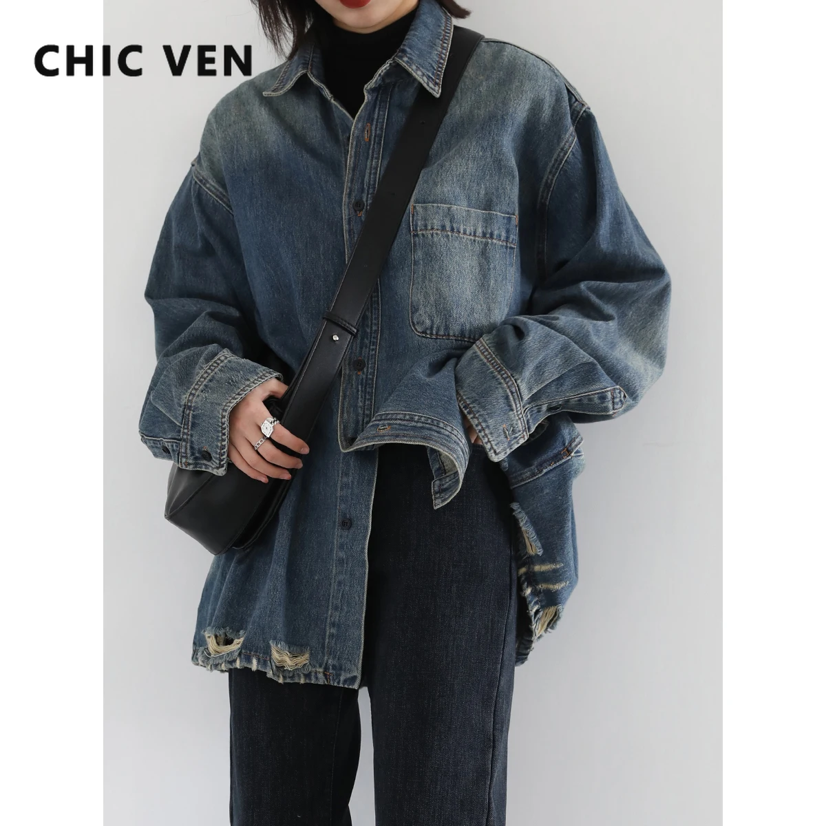 

CHIC VEN Denim Shirt Coat for Women Retro Blue Loose Hole Fur-trimmed Streetwear Winter Autumn Woman Jacket Denim Femal Tops