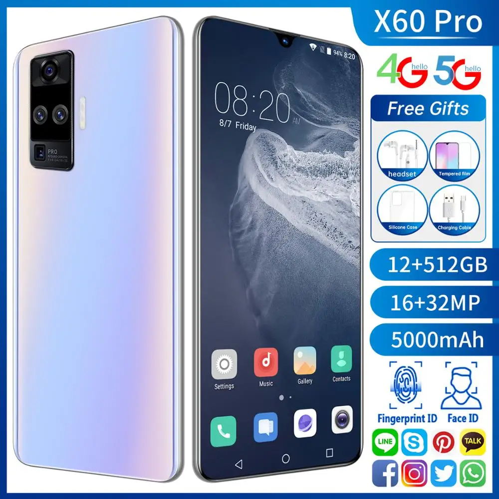 

Global Version 6.6" X60 Pro Snapdragon 865 Quad Camera 32MP Smartphone 12GB+512GB 5000mAh Android 10.0 5G LTE Cell Mobile Phone