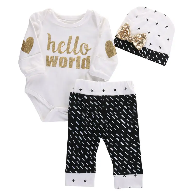 

Baby Girl Boy Top Letter Romper+Long Pants Leggings Hat Outfit Set Clothes