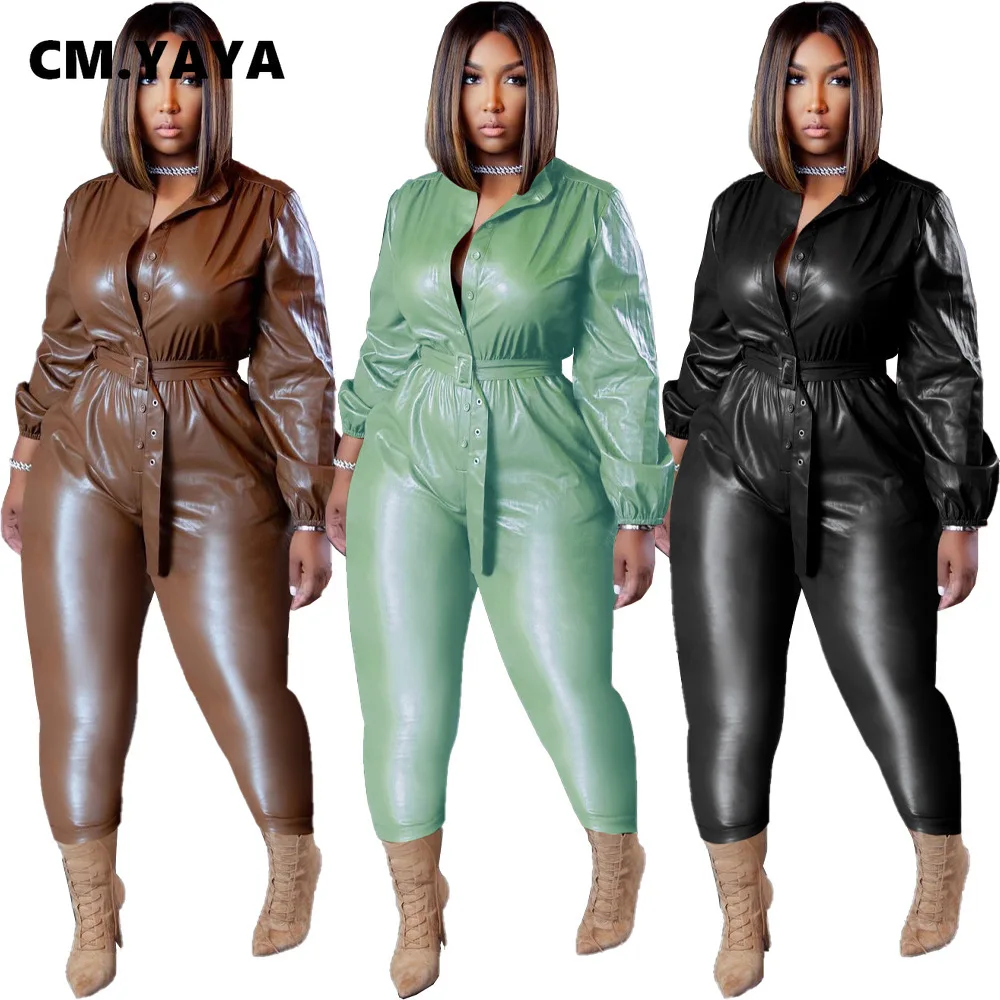 

CM.YAYA Winter Spring Faux Leather Women Button Up with Sashes Jumpsuit Streetwear Elegant Long Sleeve Romper One Piece Overalls