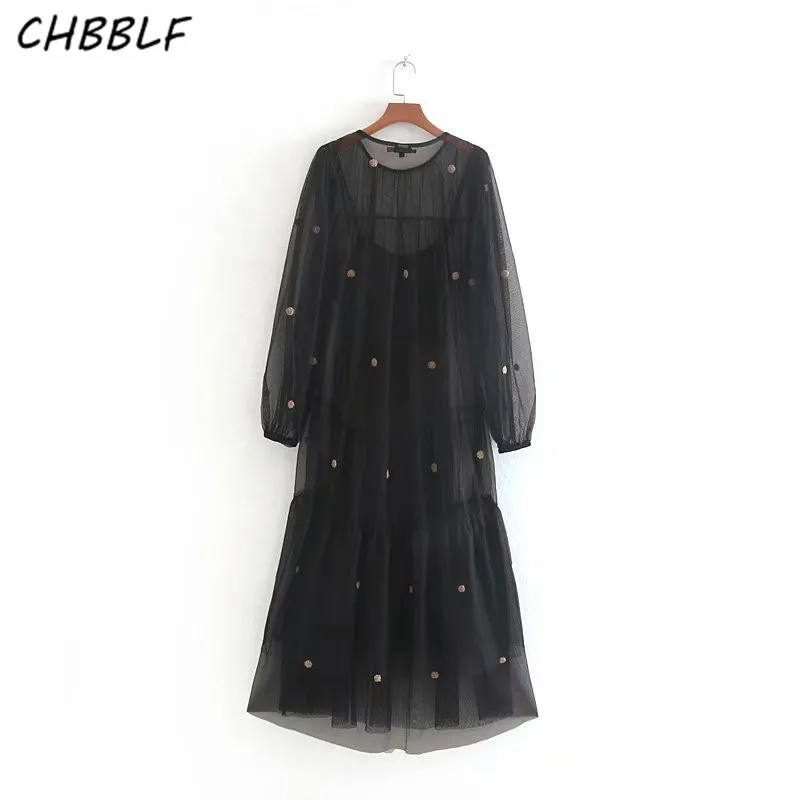Женское фатиновое платье CHBBLF черное винтажное Повседневное с длинными рукавами