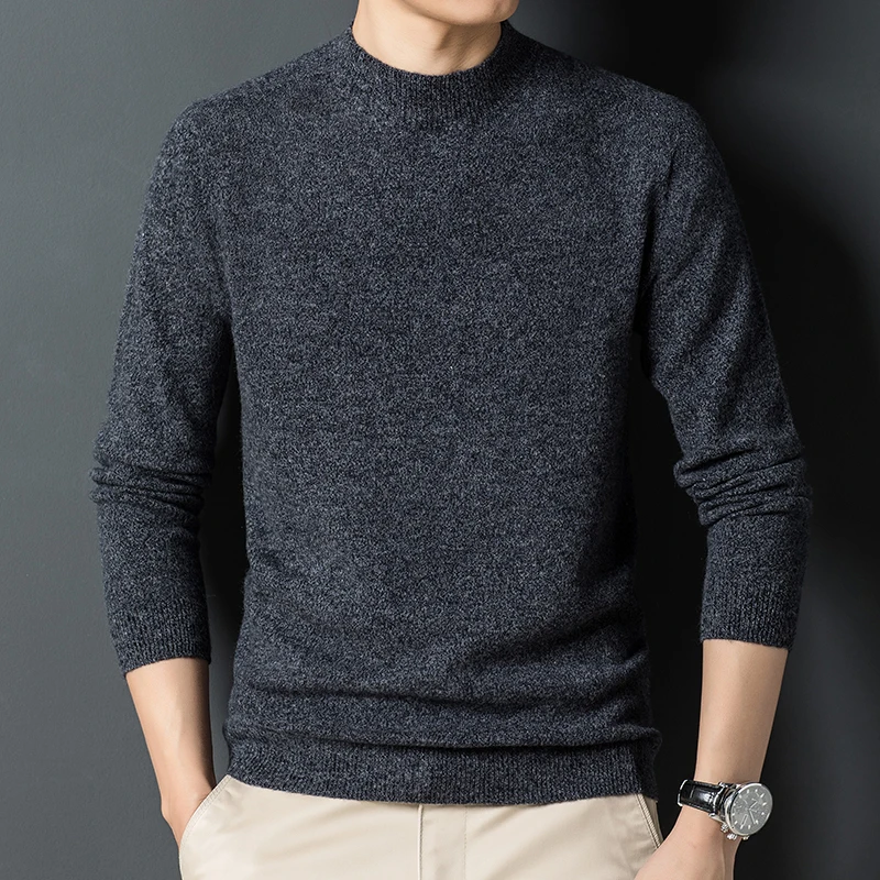 

Men's 100% pure wool half high collar autumn winter integrated Korean casual sweater slim bottomed shirt