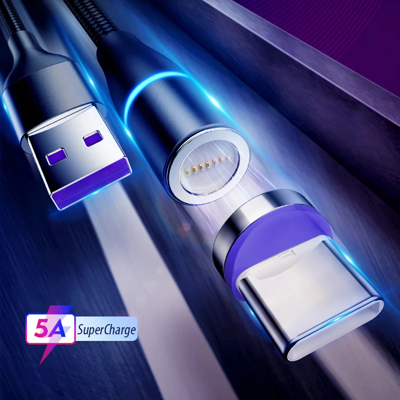 

Magnetic data usb Cable with LED Charging indicator 5A fast charging USB Type C Cable For smartphone P20 P30 mobile phone