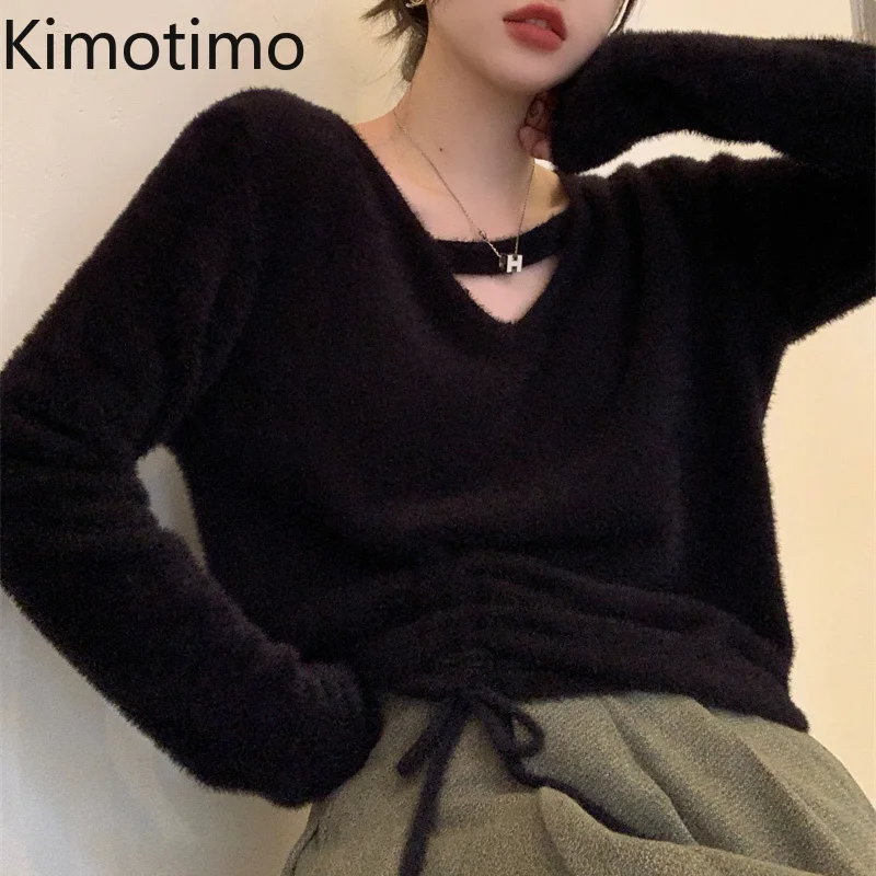 

Kimotimo Women Sweater Korean Chic Lazy Gentle Long Sleeve Knitted Pullover Autumn Winter Drawstring Black Loose Design Sweaters