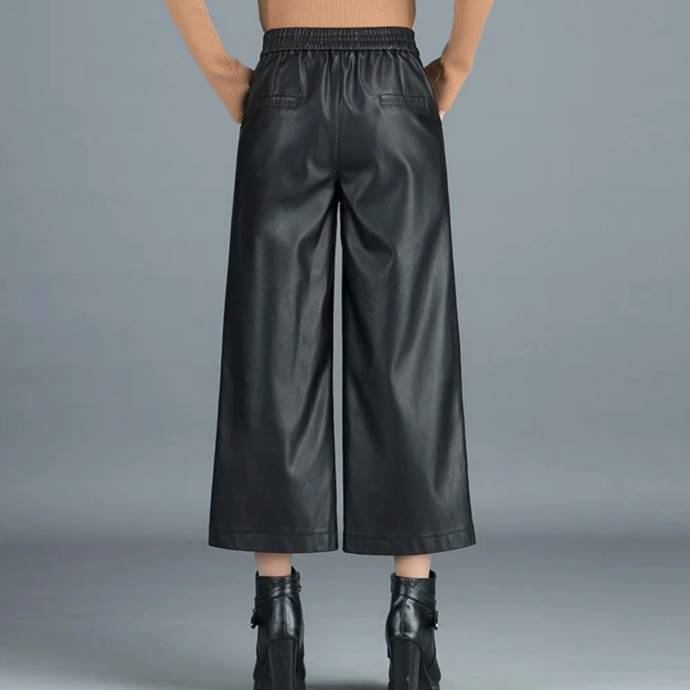 Женская черная юбка из искусственной кожи с широкими штанинами на осень и зиму