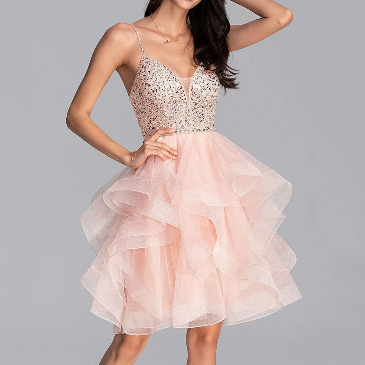 

Spaghetti Strap Short Dress for Women F14 V Neck Cute Pink Young Girls Graduation Party Dress Sexy Sequined Dress for Women