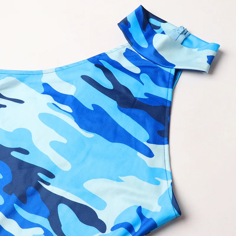 

GothGotik Neck-Mounted Blue Camouflage Print Mini Dress For Woman Sexy Slim Gothic Style Streetwear Summer Club