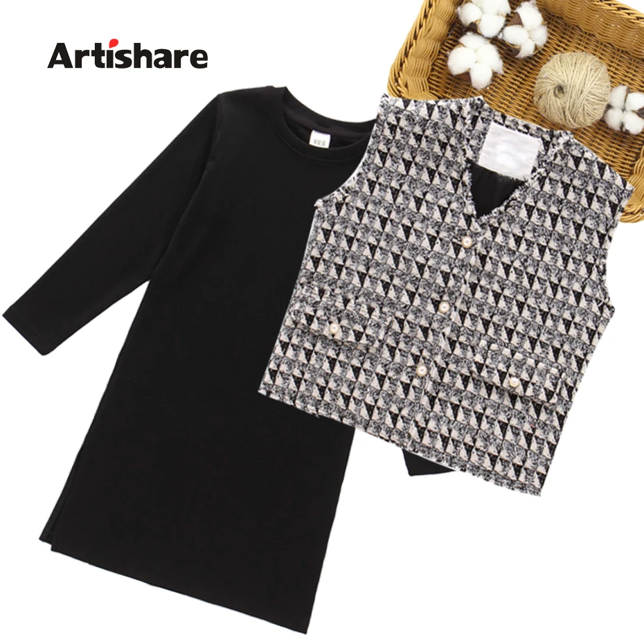 Одежда для девочек клетчатый жилет + платье одежда с рисунком повседневный стиль