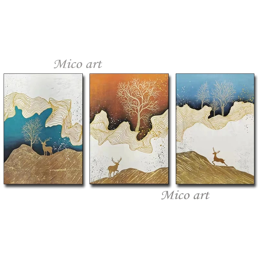 

Modern Art Paintings Hand-painted 3 Panel Canvas Abstract Gold Foil Design Oil Painting Wall Decorative Items Art Wall Hangings
