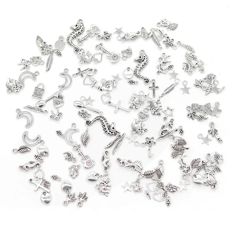 100pcs Mixed style 50/100 шт микс тибетских серебряных Подвески Серебряный браслет «сделай сам» с бусины аксессуары Сердце Форма крест кулон в виде морской звезды слон с металлической отделкой и т. Д - Цвет: 100pcs Mixed style