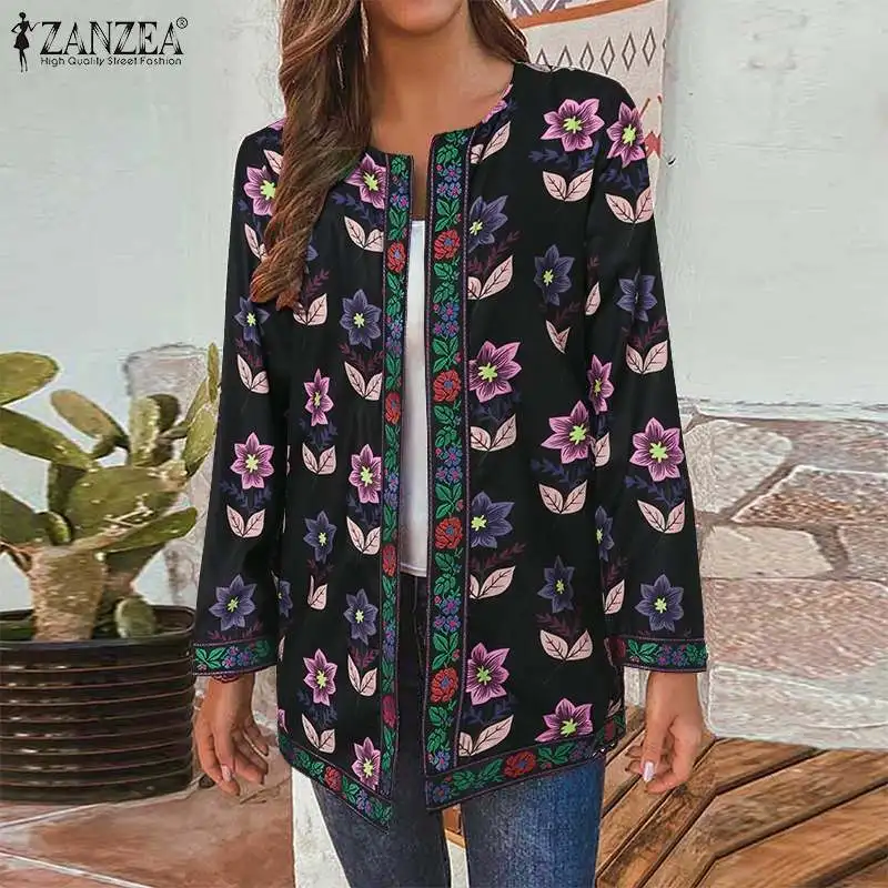 

Тонкие куртки с длинным рукавом, кардиган с вышивкой, женские элегантные пальто с цветочным принтом, ZANZEA, модный винтажный Женский блейзер д...