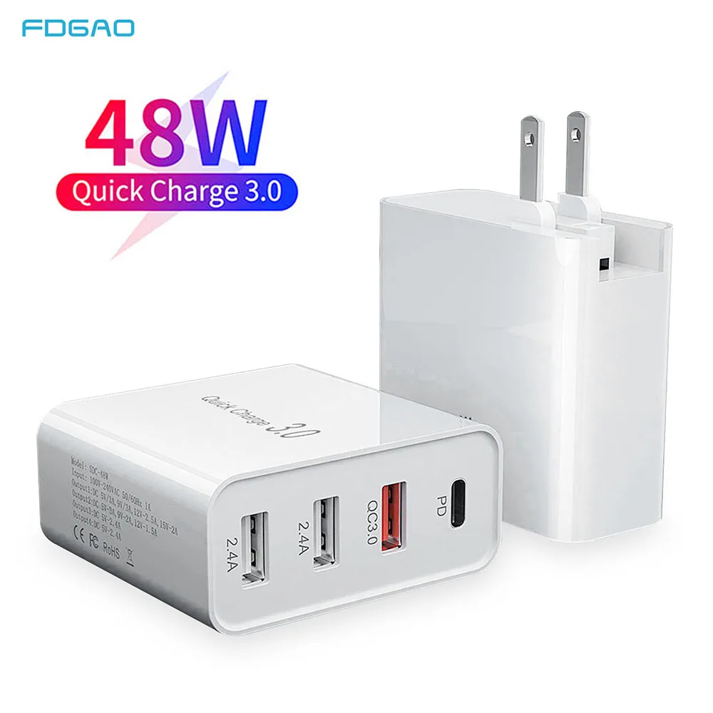 

48W PD Charger USB QC3.0 Adapter Fast Charging Type C Phone Quick Charge 3.0 For iPhone 13 12 11 XS XR X 8 Travel Wall Chargers