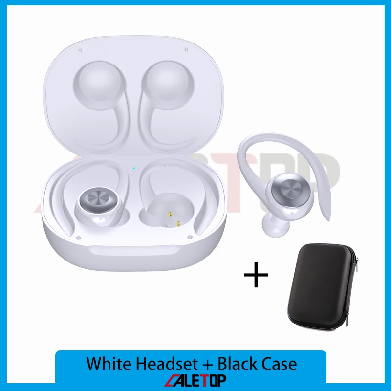 White and Black Case CALETOP TWS Bluetooth 5.0 Earphone Sports Wireless Earphones Ear Hook Noise Reduction Headphones Stereo Sound Headset with MIC - Цвет: White and Black Case