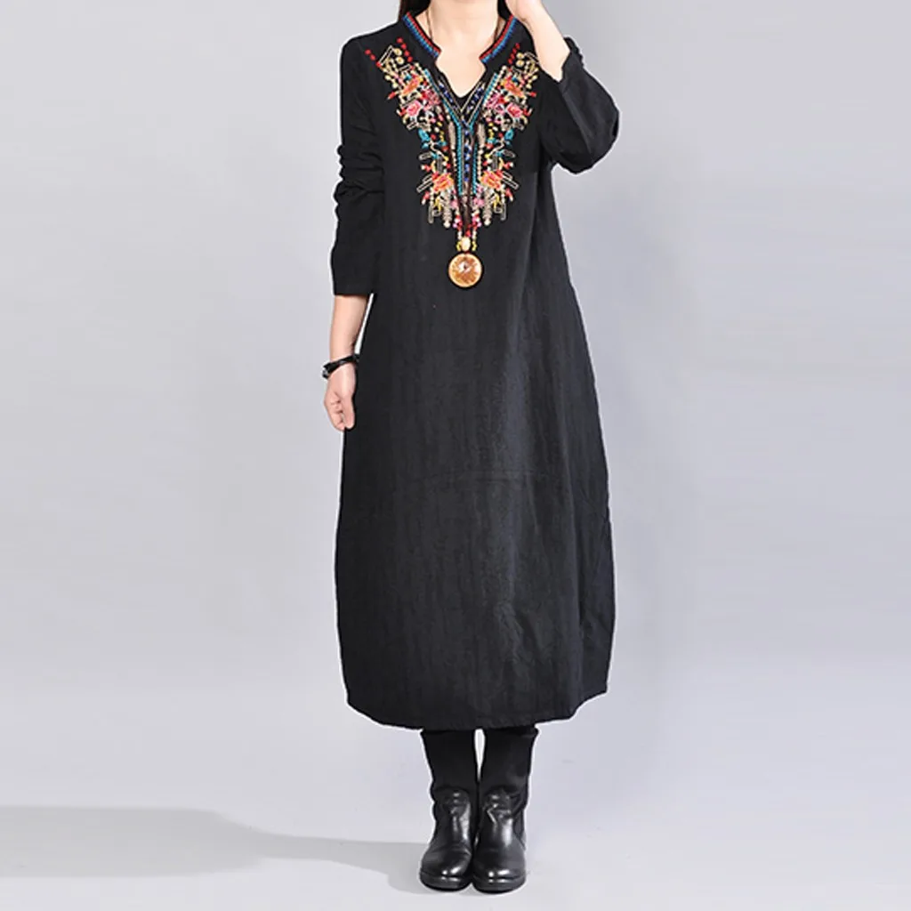 Женское платье с вышивкой зимнее повседневное Свободное длинное в винтажном