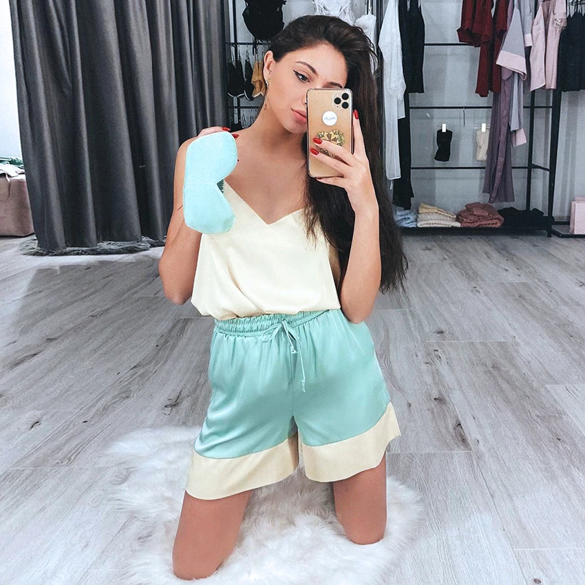 HiLoc Сращивание сексуальный пижамный комплект свободная v-образным вырезом