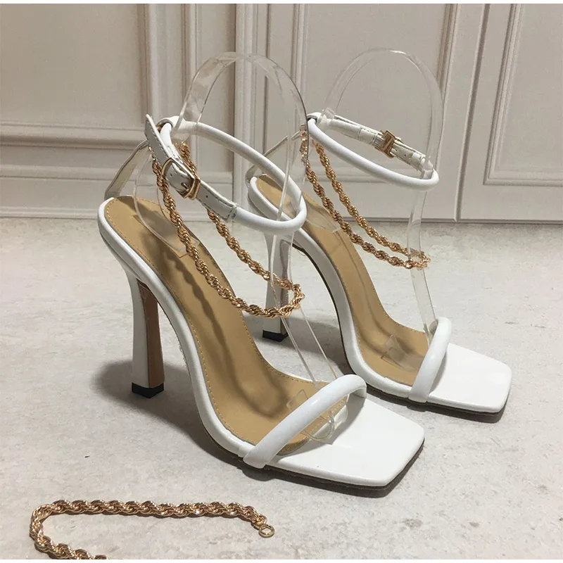 

Women's Sandals Metal Chain Ladies Pump Square Toe Sexy Party Shoes Fashion High Heels Buckle Strap Female Footwear 2021 Summer