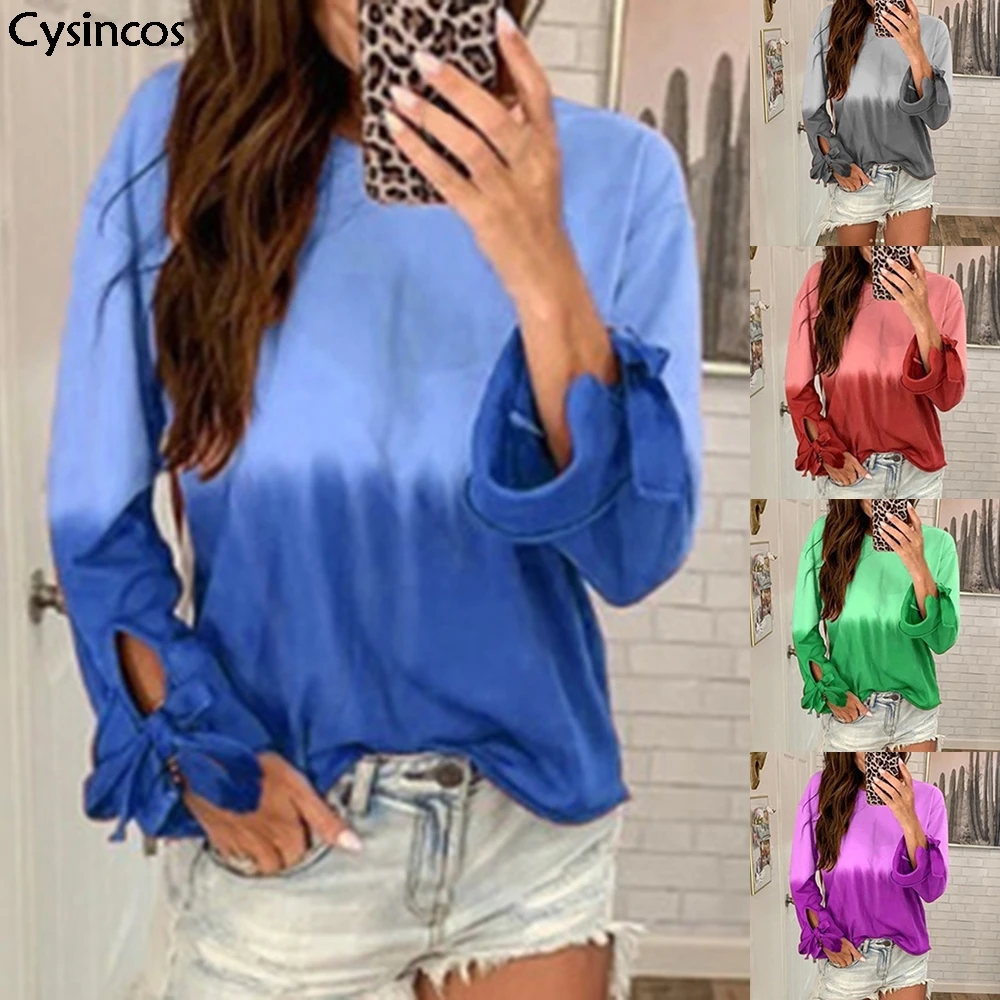 Cysincos Женская Повседневная футболка с круглым вырезом и градиентом контрастного