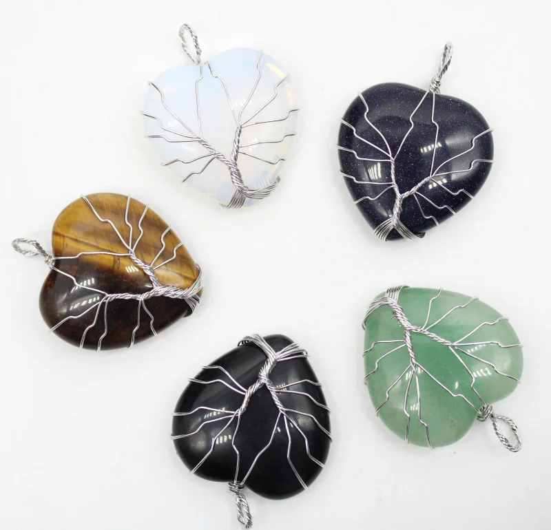 

6pcs/lot Natural stone Tiger Eye obsidian Aventurine Handmade Tree of Life Steel Wire Winding Heart Pendant for Jewelry making