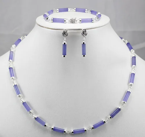 

Purple Jades 925 Sterling Silver Earring Bracelet Necklace Set