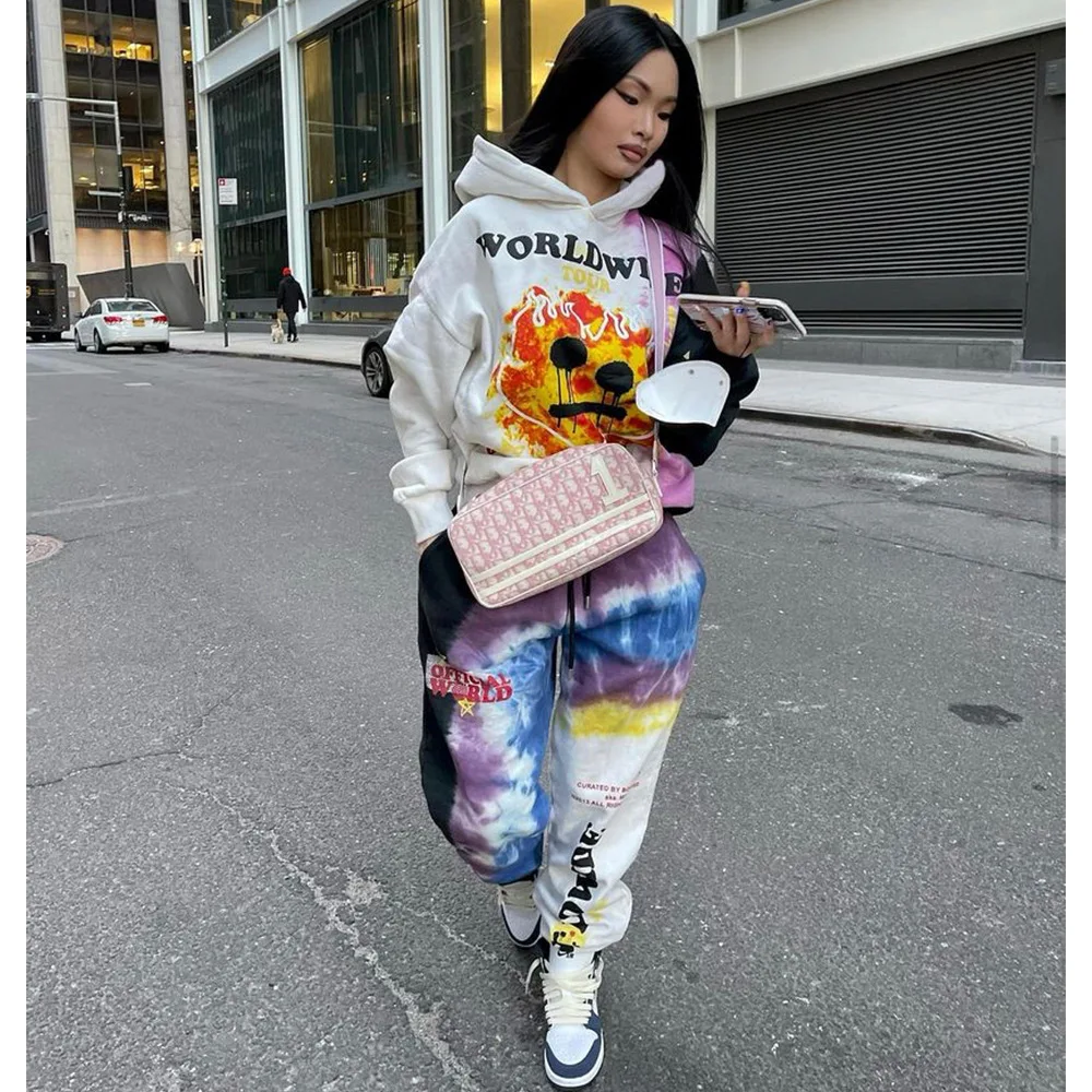 

Autumn 2021 New Women's Wear Printing Tie Dye Hooded Leisure Sports Thick Tracksuit Women Two Piece Set Fashion Lounge Wear
