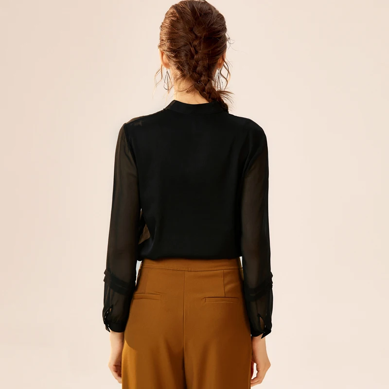 

100% Silk Women's Shirt O Neck Long Sleeves Ruffles Beaded Fashion Blouse Autumn Tops Camisa