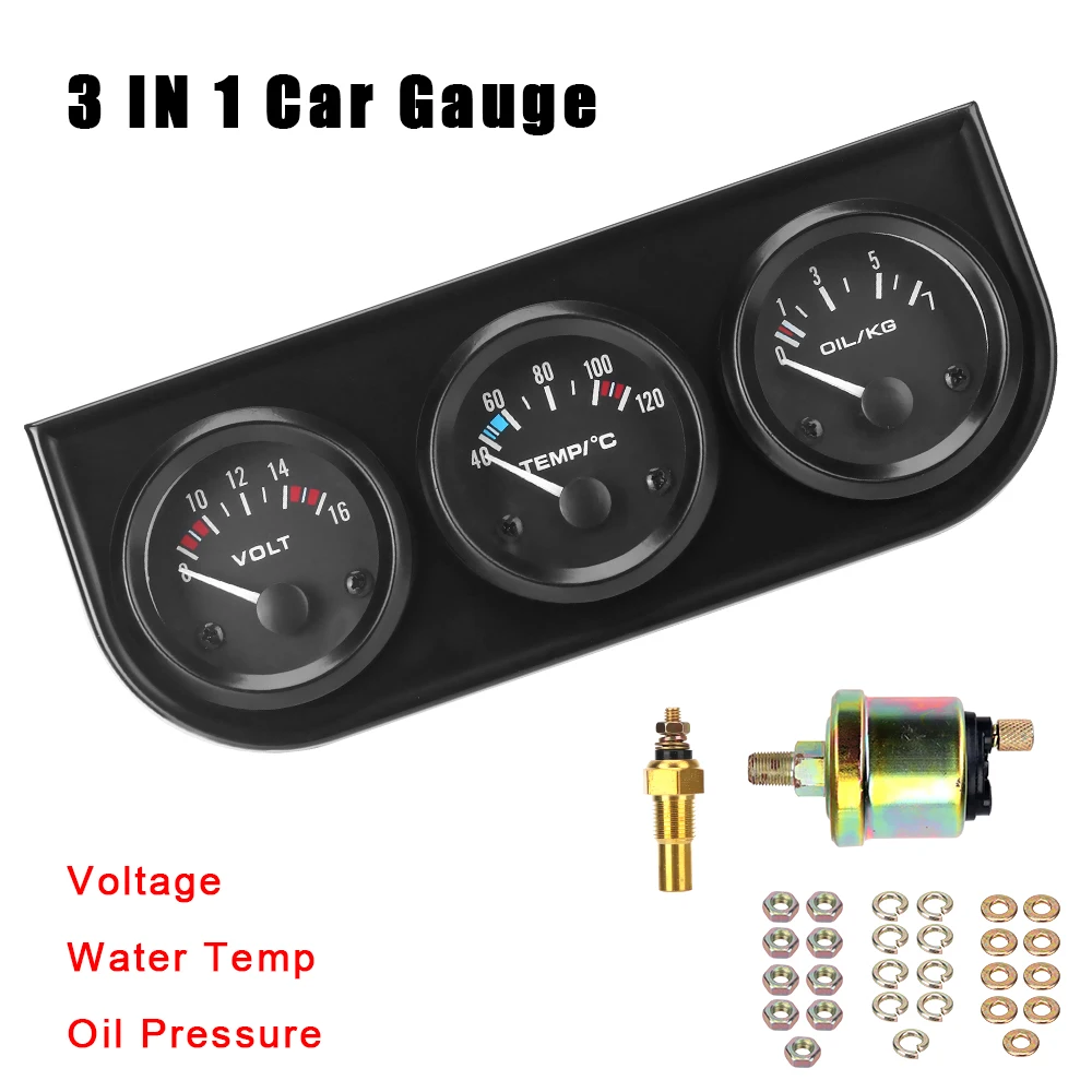 

Universal 12V Triple Dashboard Oil Temp Water Temp Volt meter 2" 52mm 3 in 1 Car Meter Oil Pressure Gauge with Sensor