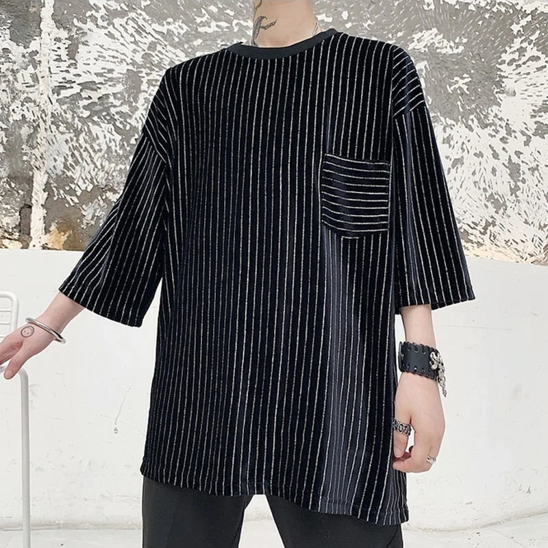 Футболка мужская бархатная с коротким рукавом модная тенниска принтом в полоску