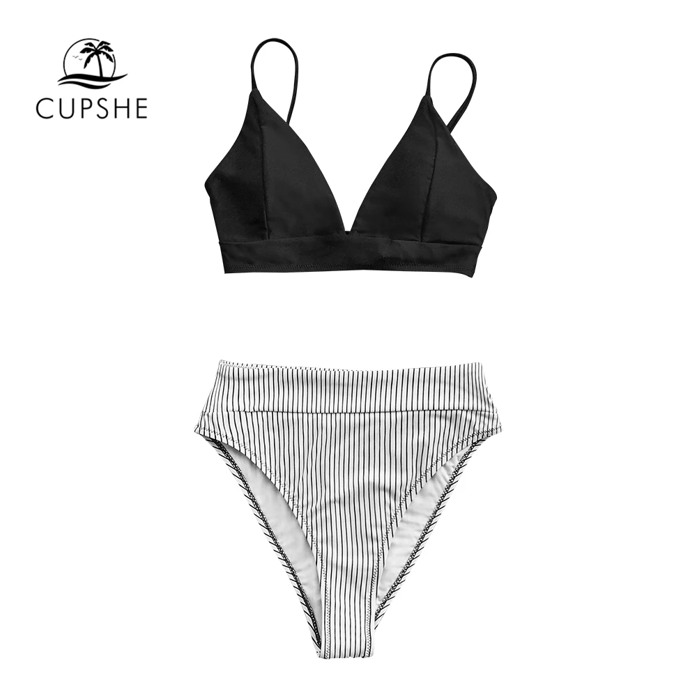 CUPSHE черный Одноцветный в полоску с высокой талией бикини наборы сексуальный