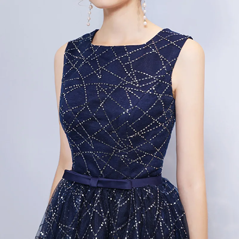 

Women's wedding party dress plus size O neck sequined tulle navy formal prom evening dress for New Year 2021 cocktail dress