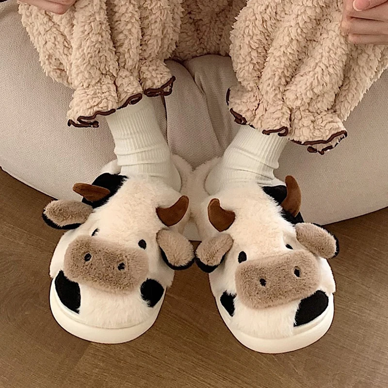 

Зимние женские тапочки из молочной коровы, Мультяшные животные, Луффи, искусственный мех, тапочки 2021 Ins, милые пушистые плюшевые толстые теп...