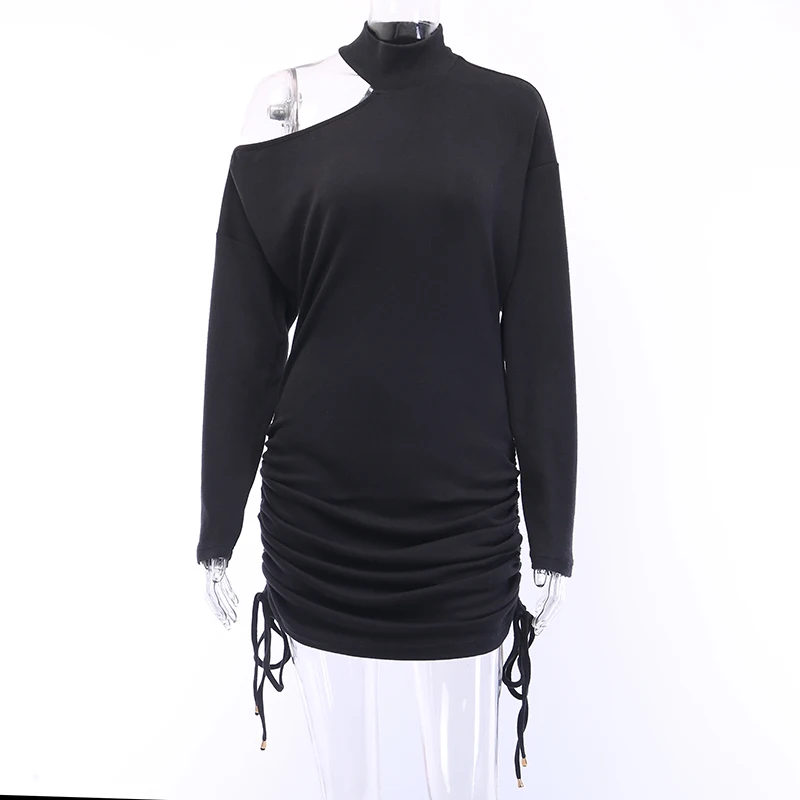 black WannaThis/Вечерние платья с одним плечом, Осеннее новое платье на бретельках, с вырезами, на шнурке, с длинным рукавом, женское элегантное мини-платье, тонкое черное сексуальное - Цвет: black