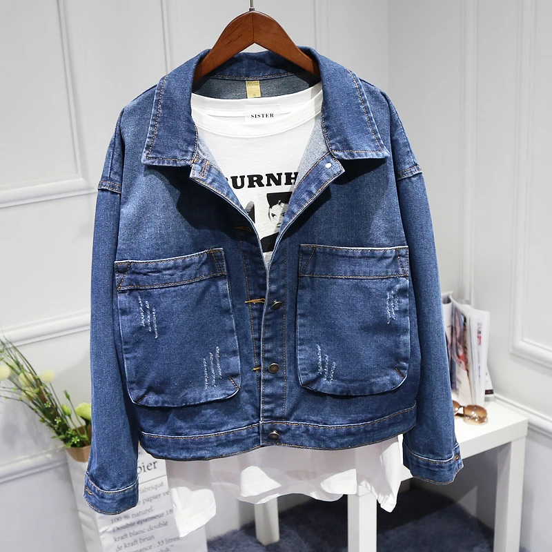 Женская джинсовая куртка из потертого хлопка повседневная короткая с большими