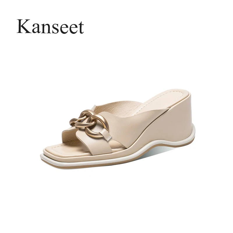 

Сандалии Kanseet женские с металлической цепочкой, натуральная кожа, квадратный носок, танкетка, ручная работа, летние шлепанцы, бежевые