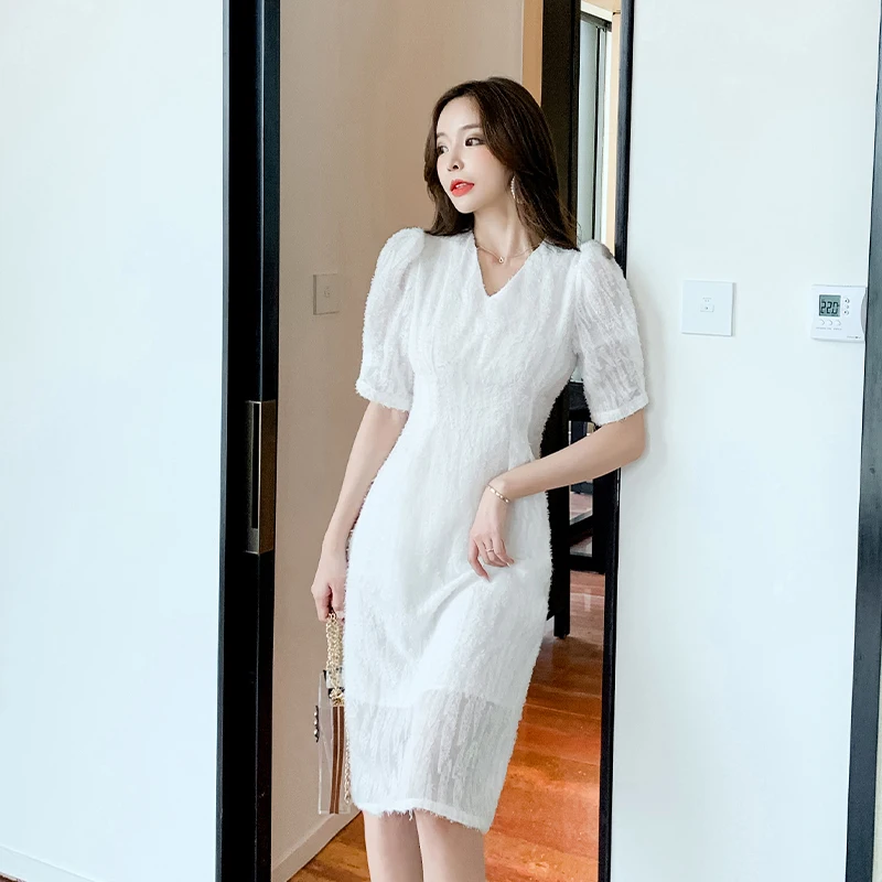 

new arrival fashion dress women elegant summer sexy v-neck party dress temperament slim high quality white cute pencil dress