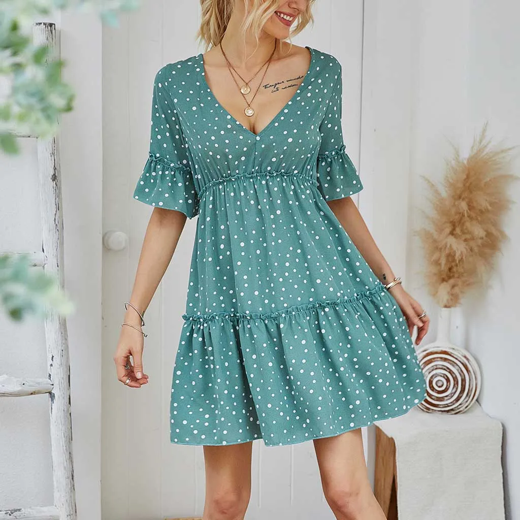 

Summer Polyester Dress 2020 Boho Style Beach Dress Fashion Short Sleeve V-neck Polka Dot A-line Party Dresses Sundress Vestidos