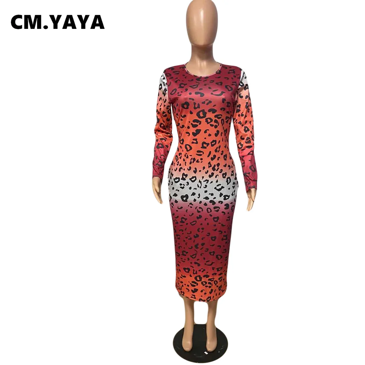 CM.YAYA Women Autumn Sexy Bodycon Leopard Gradient Print Midi Dress Club Party Long Sleeve Pencil Bandage Maxi Dresses | Женская одежда