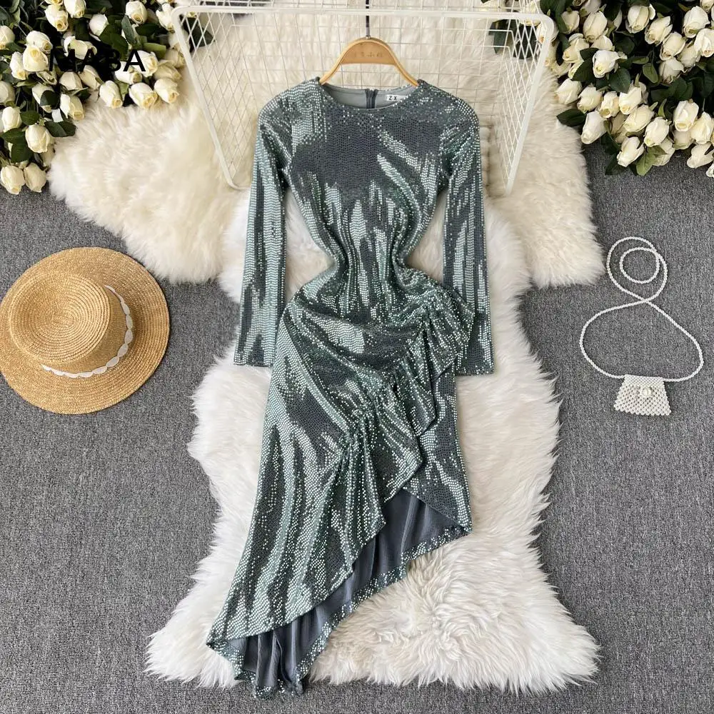 

Роскошные платья с блестками для выпускного вечера, демисезонное женское облегающее платье с круглым вырезом и длинным рукавом и оборками, ...