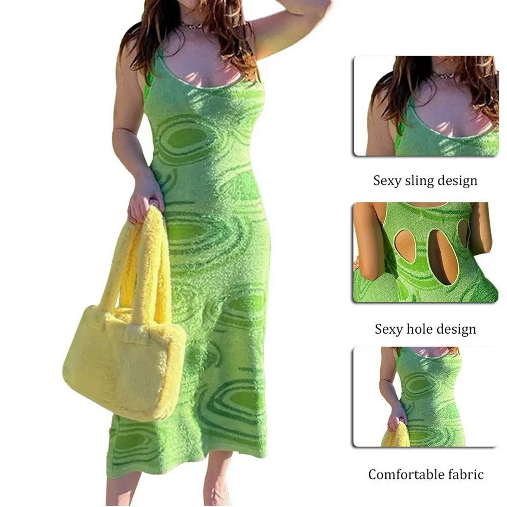 

Women Green Y2KPrinted Knit Bodycon Hollow Out Sexy Sleeveless Spaghetti Strap Beach Midi Dresses Party NewSummer Dress 2021