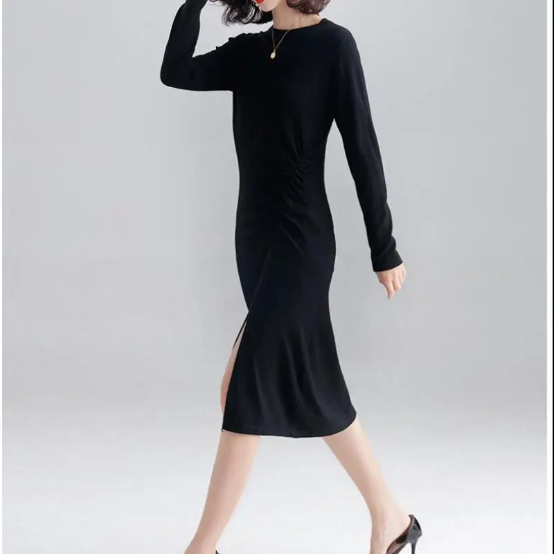 2019 осень зима офисное женское облегающее трикотажное платье с круглым вырезом