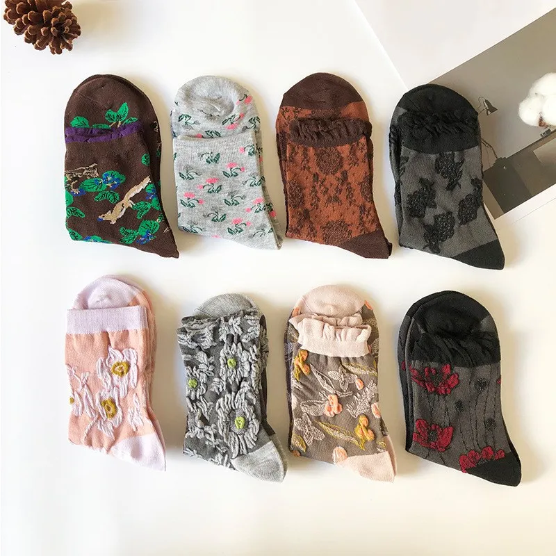 

Jeseca 5Pairs/Lot Floral Print Cotton Women Socks Japanese Kawaii Cute Sock for Women Harajuku Vintage Streetwear Christmas Sock
