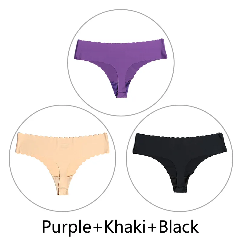Purple Khaki Black 3 шт./партия ультра-тонкий открытый Шелковый бесшовный стринги с низкой посадкой, цельные сексуальные трусики-стринги, нижнее белье для женщин, танга XS-L, американский размер - Цвет: Purple Khaki Black